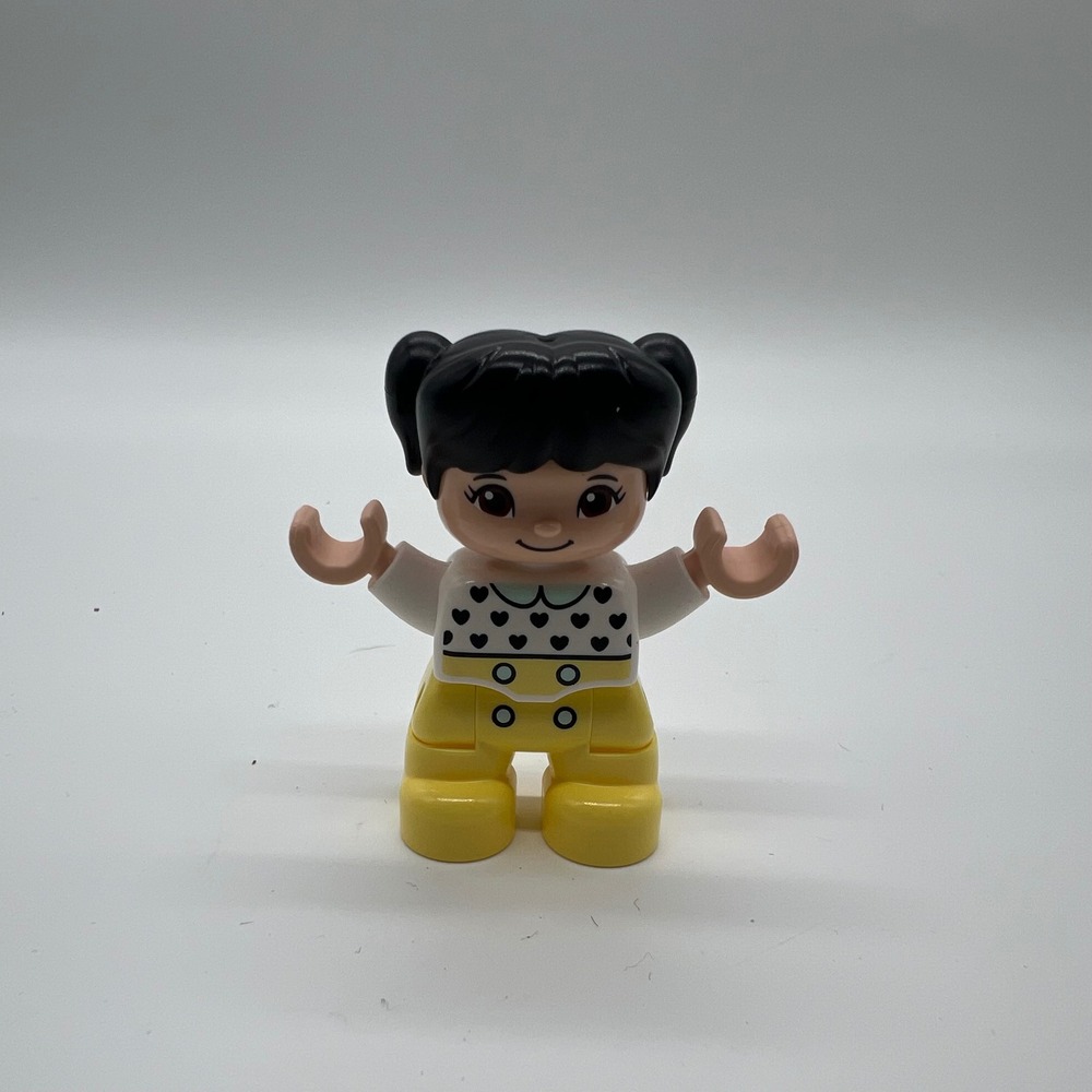LEGO Duplo Girl Figure Black Pigtails White Heart Shirt Yellow Pants 10929